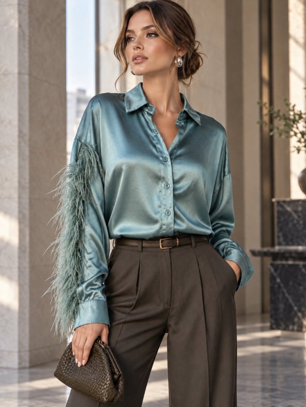 Club L London Teal Satin Feather Trim Oversized Button Down Blouse US 6